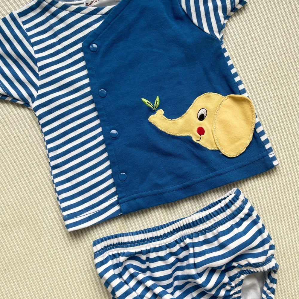 Blue and White Striped Kids Matching Set with Elephant Design